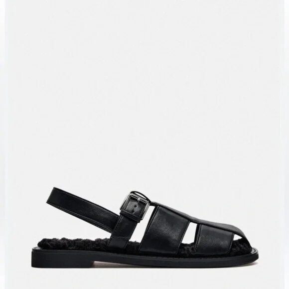 New ZARA Faux Fur Lined Cage Sandals Black Leather Fisherman Women's Size 6.5 37 - Picture 9 of 14
